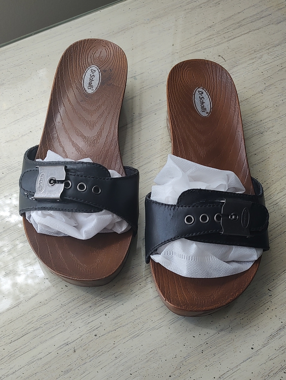 Dr. Scholl's Black Leather Slide Mules with Wood-Tone Footbed